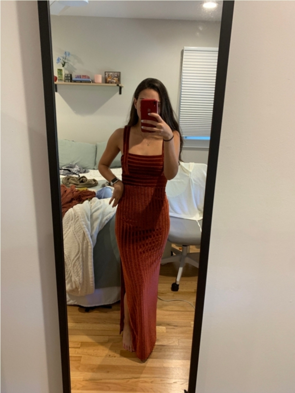 Free People Rust Velvet Maxi Knit Dress Square Neck Side Slit Medium - Picture 14 of 16